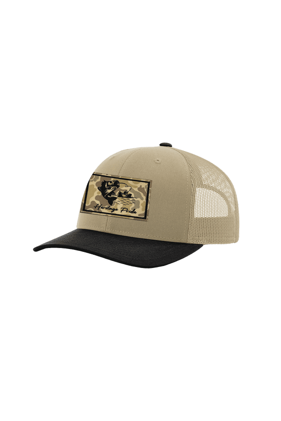 Men's Hunting Trucker Hat - Hooked Trout Fishing Camo Leather Patch Mesh Back Trucker Hat, Khaki/Black/Khaki