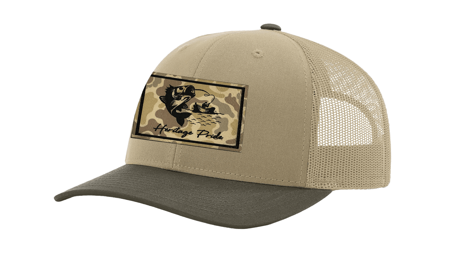 Heritage Pride Men's Hunting Trucker Hat - Hooked Trout Fishing Camo Leather Patch Mesh Back Trucker Hat, Khaki/Chocolate Chip/Khaki