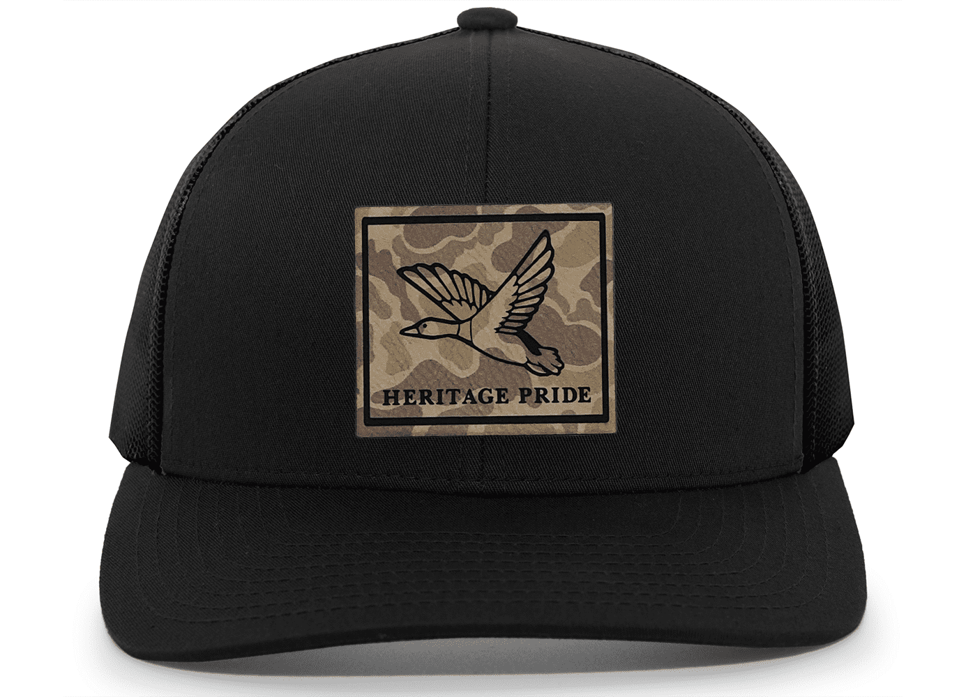 Heritage Pride Men's Hunting Trucker Hat - Simple Mallard Duck Engraved Camo Leather Patch, Mesh Back Design, Black/Black