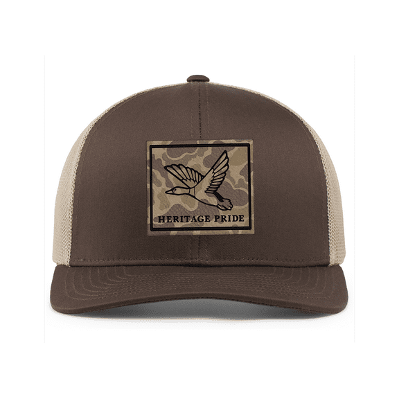 Heritage Pride Men's Hunting Trucker Hat - Simple Mallard Duck Engraved Camo Leather Patch, Mesh Back Design, Brown/Khaki