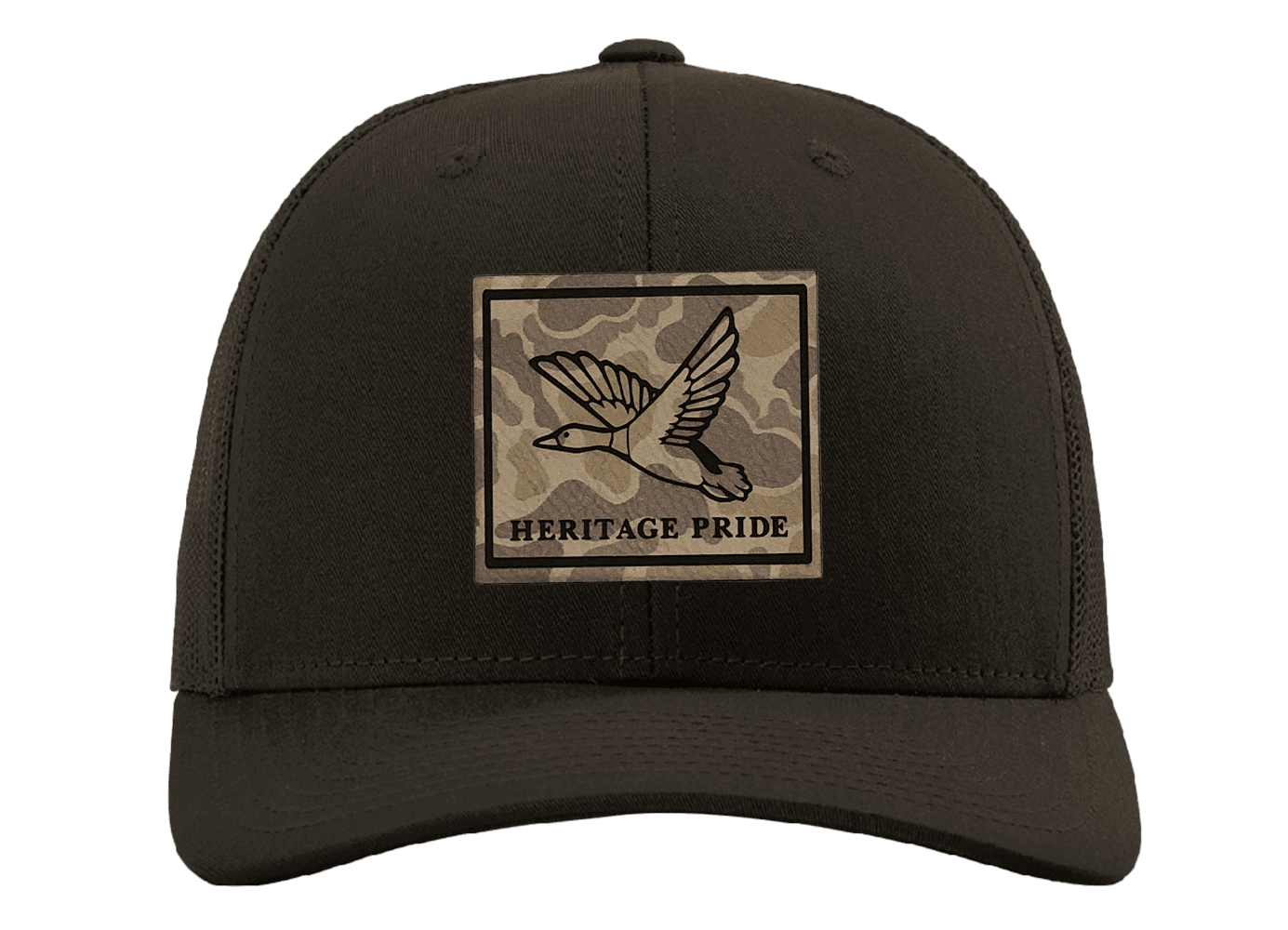 Heritage Pride Men's Hunting Trucker Hat - Simple Mallard Duck Engraved Camo Leather Patch, Mesh Back Design, Coffee