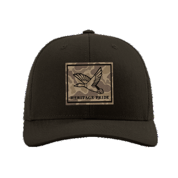 Heritage Pride Men's Hunting Trucker Hat - Simple Mallard Duck Engraved Camo Leather Patch, Mesh Back Design, Coffee