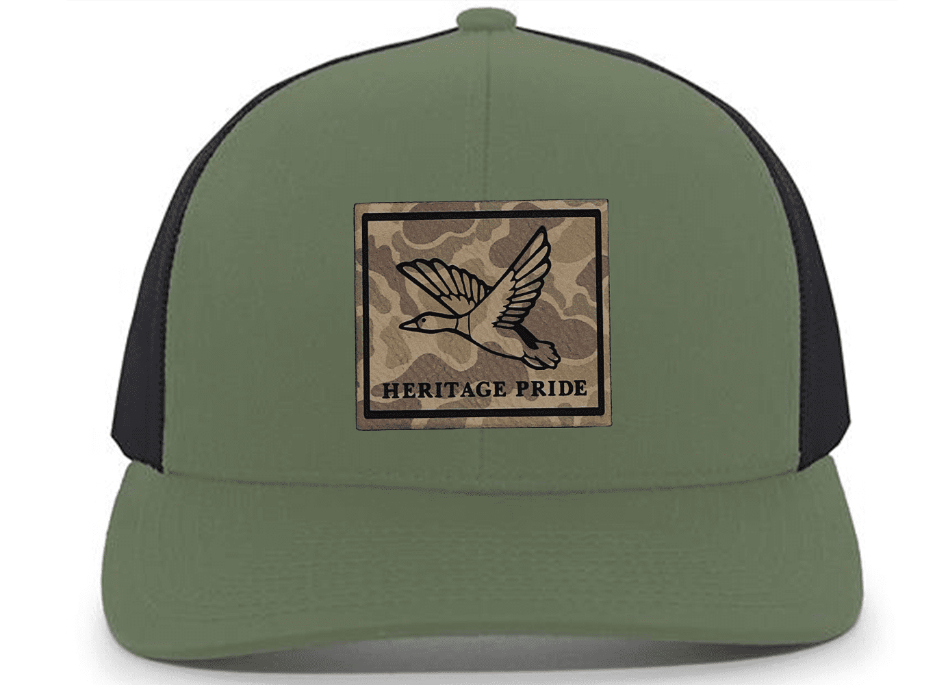 Heritage Pride Men's Hunting Trucker Hat - Simple Mallard Duck Engraved Camo Leather Patch, Mesh Back Design, Loden/Black