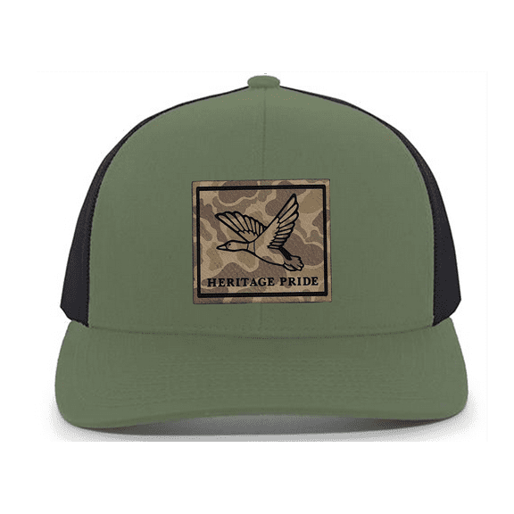Heritage Pride Men's Hunting Trucker Hat - Simple Mallard Duck Engraved Camo Leather Patch, Mesh Back Design, Loden/Black