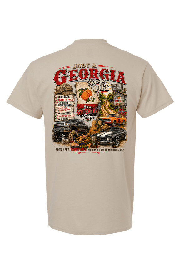 Men's Just A Georgia Kind Of Life Short Sleeve T-Shirt - Born Here, Raised Here Distressed Graphic Tee-Sand-Small