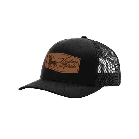 Heritage Pride Men's Standing Buck Laser Engraved Leather Patch Mesh Back Trucker Hat, Black/Black
