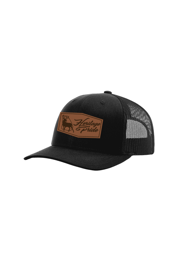 Men's Standing Buck Laser Engraved Leather Patch Mesh Back Trucker Hat, Black/Black