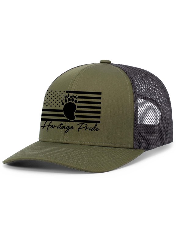 Mens American Flag Bear Track Mesh Back Trucker Hat Baseball Cap-Loden/Black