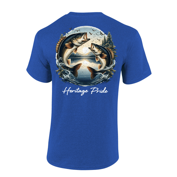 Heritage Pride Mens Bass Fish Flowers & Birds Scenery Short Sleeve T-Shirt-Antique Royal-Large