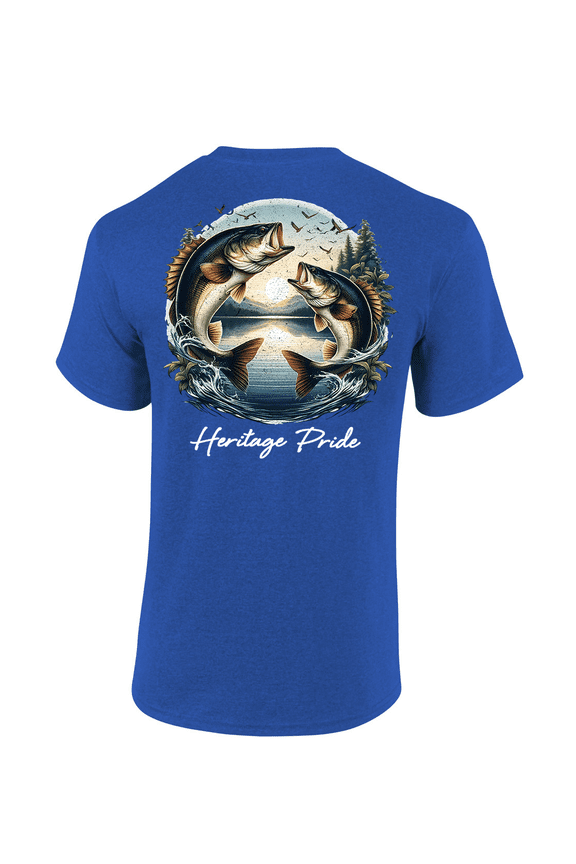 Mens Bass Fish Flowers & Birds Scenery Short Sleeve T-Shirt-Antique Royal-Large