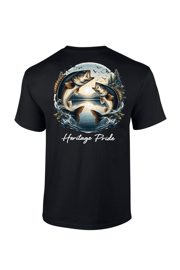 Mens Bass Fish Flowers & Birds Scenery Short Sleeve T-Shirt-Black-Large