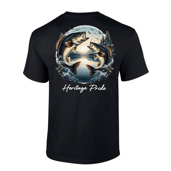 Heritage Pride Mens Bass Fish Flowers & Birds Scenery Short Sleeve T-Shirt-Black-Small