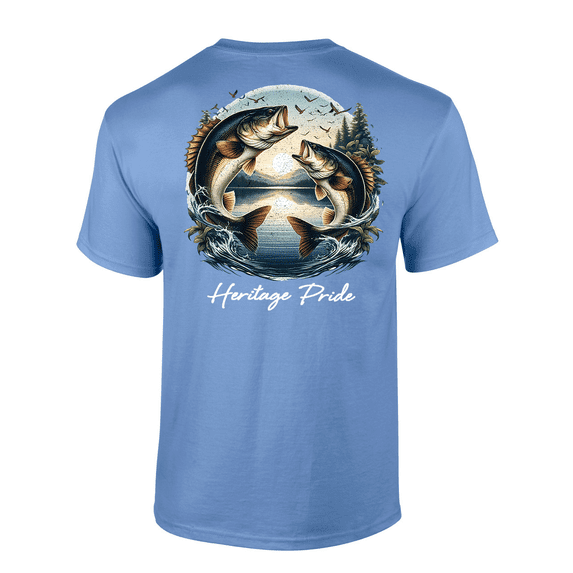 Heritage Pride Mens Bass Fish Flowers & Birds Scenery Short Sleeve T-Shirt-Carolina Blue-Small