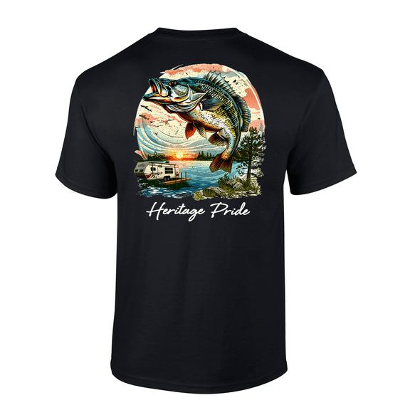 Heritage Pride Mens Bass Fishing & Lake Camping Short Sleeve T-Shirt-Black-5X-Large