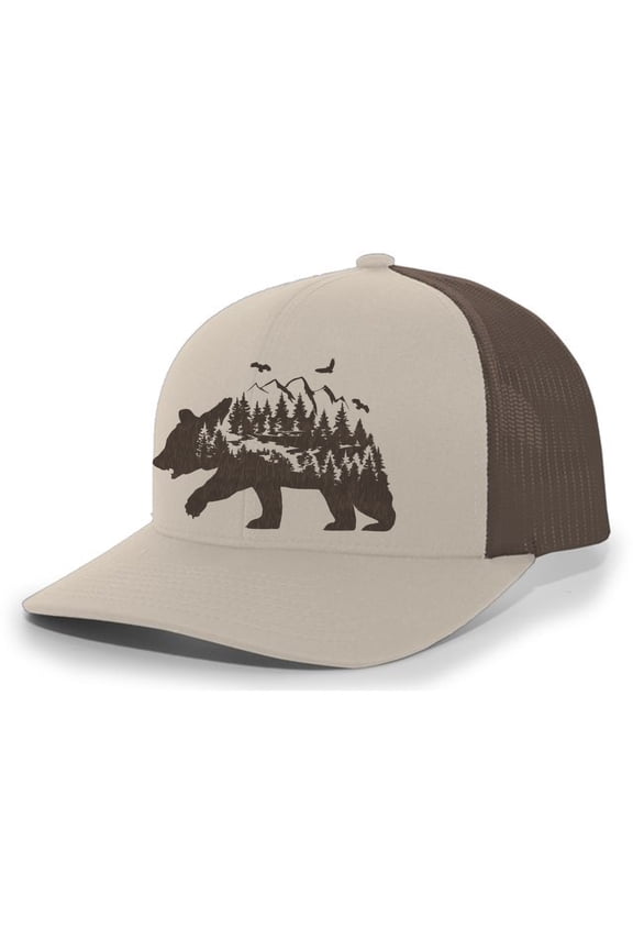 Mens Trucker Hat Embroidered Mountain Bear Outdoor Hat Baseball Cap-Khaki/Brown