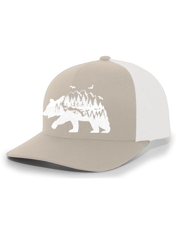 Mens Trucker Hat Embroidered Mountain Bear Outdoor Hat Baseball Cap-Khaki/White