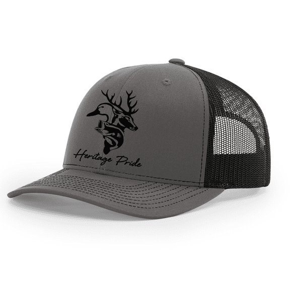 Heritage Pride Mens Buck Bass Mallard Hunting Embroidered Mesh Back Trucker Hat-Charcoal/Black