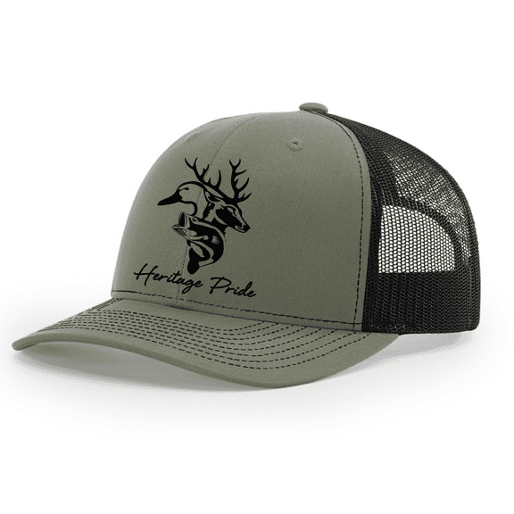 Heritage Pride Mens Buck Bass Mallard Hunting Embroidered Mesh Back Trucker Hat-Loden/Black