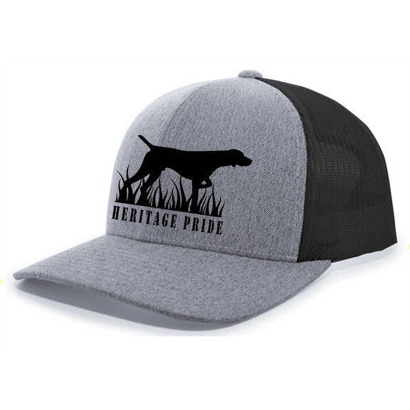 Heritage Pride Mens Dog Hunting In Grass Embroidered Mesh Back Trucker Hat-Heather Grey/Black