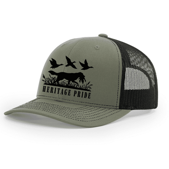 Heritage Pride Mens Dog Hunting Mallard In Grass Embroidered Mesh Back Trucker Hat-Loden/Black