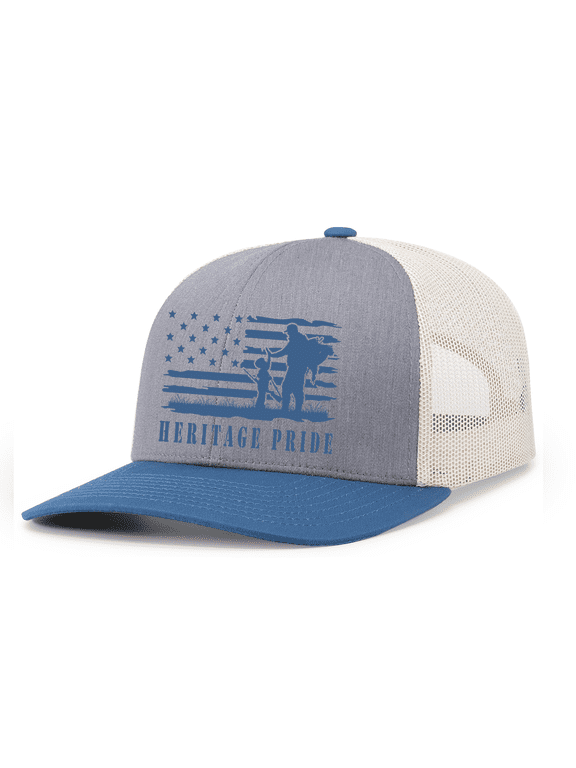 Mens Father Son Hunting Flag Embroidered Mesh Back Trucker Hat-Ocean Blue/Heather Grey/Beige
