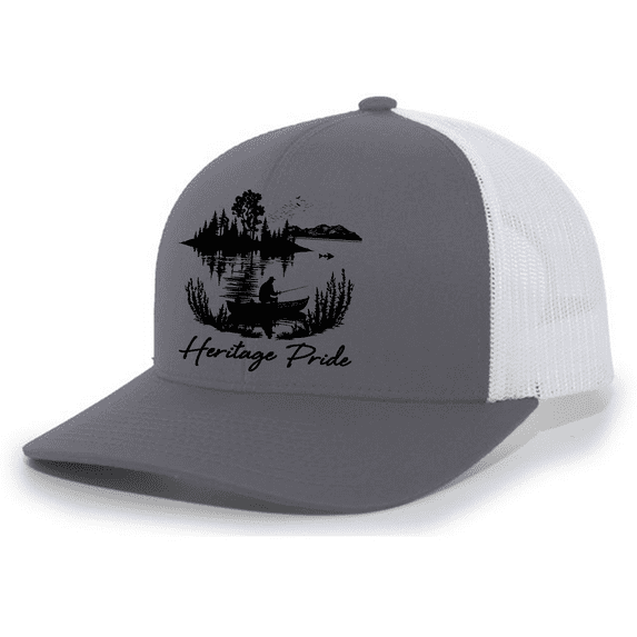 Heritage Pride Mens Fishing Lake Scenery Embroidered Mesh Back Trucker Hat-Charcoal/White
