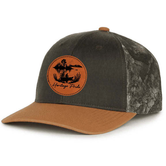 Heritage Pride Mens Fishing Lake Scenery Leather Patch Mesh Back Trucker Hat-Brown/Caramel/Camo