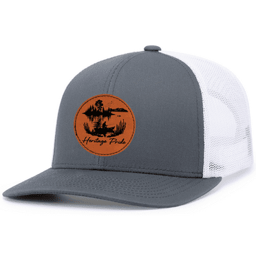 Heritage Pride Mens Fishing Lake Scenery Leather Patch Mesh Back Trucker Hat-Charcoal/White