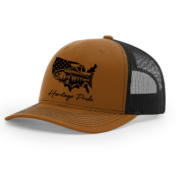 Heritage Pride Mens Fishing Trout USA Outline Embroidered Mesh Back Trucker Hat-Caramel/Black