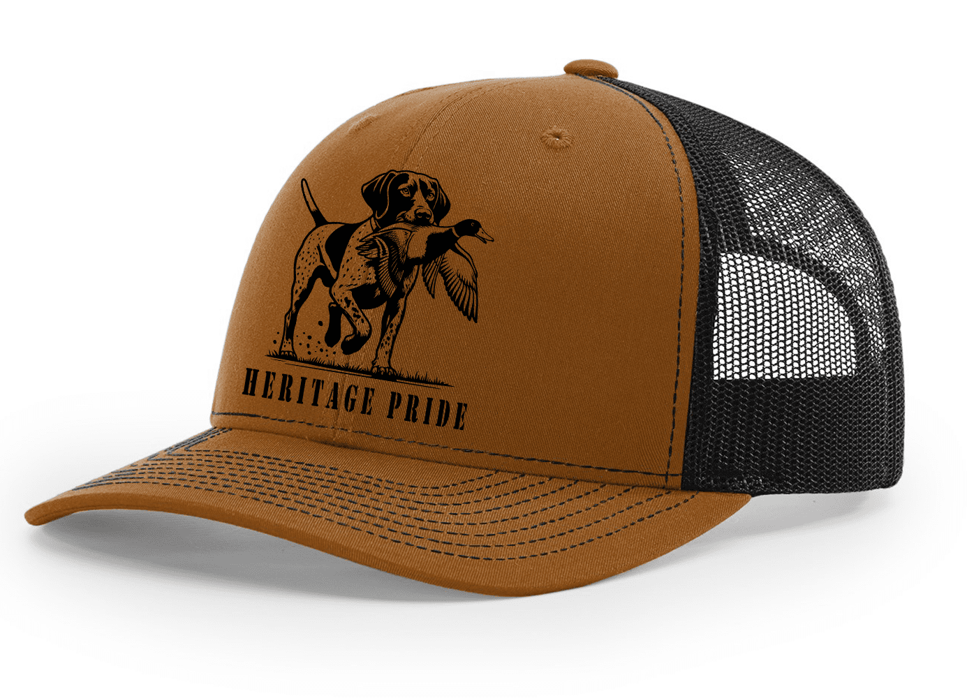 Heritage Pride Mens German Short Hair Duck Hunting Embroidered Mesh Back Trucker Hat-Caramel/Black