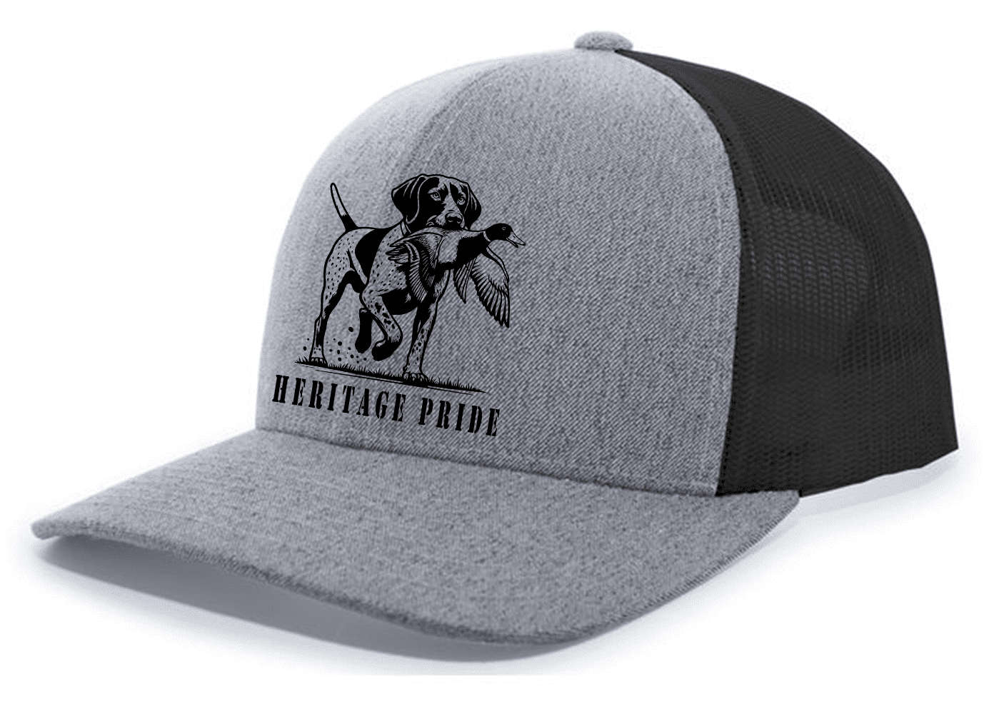 Heritage Pride Mens German Short Hair Duck Hunting Embroidered Mesh Back Trucker Hat-Heather Grey/Black