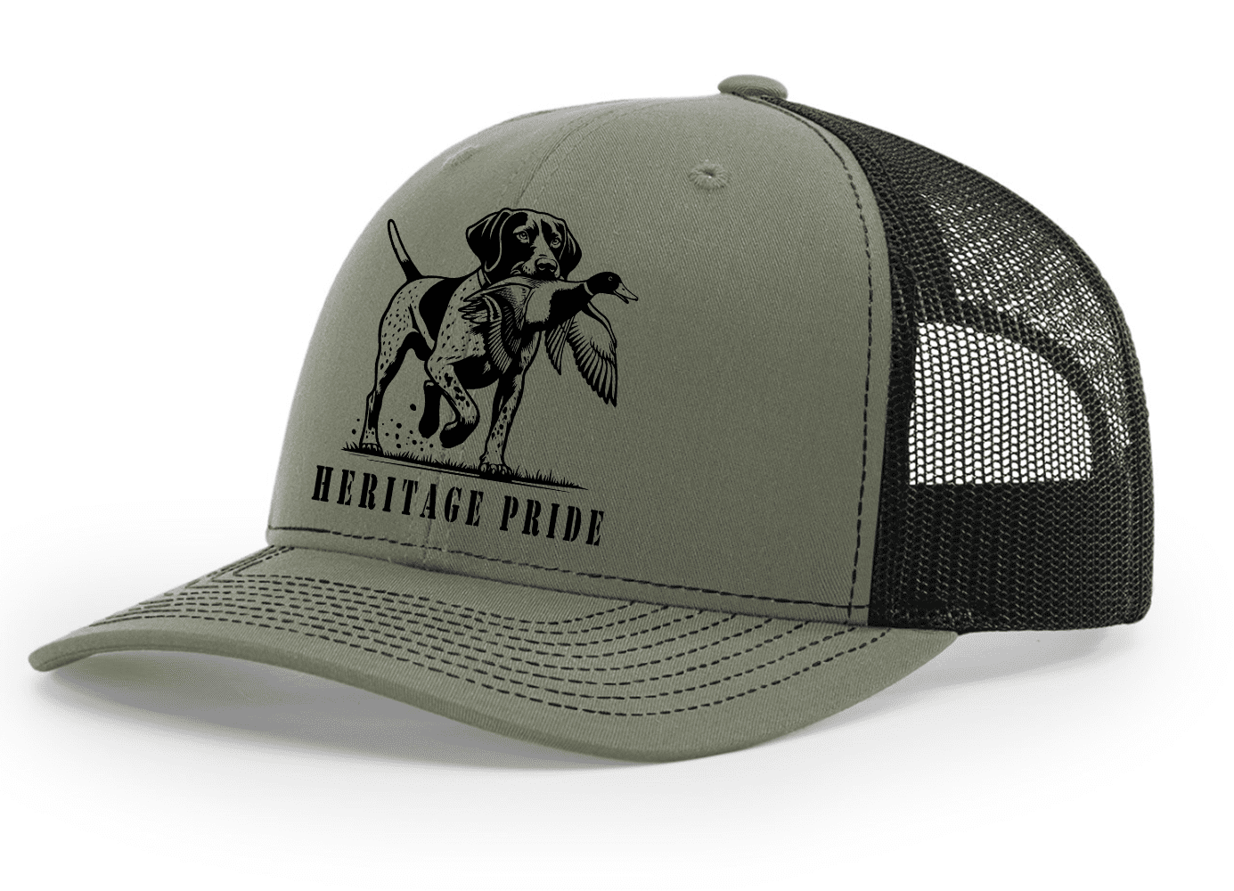 Heritage Pride Mens German Short Hair Duck Hunting Embroidered Mesh Back Trucker Hat-Loden/Black