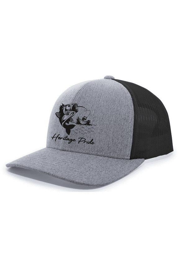 Mens Hooked Trout Fishing Embroidered Mesh Back Trucker Hat-Heather Grey/Black