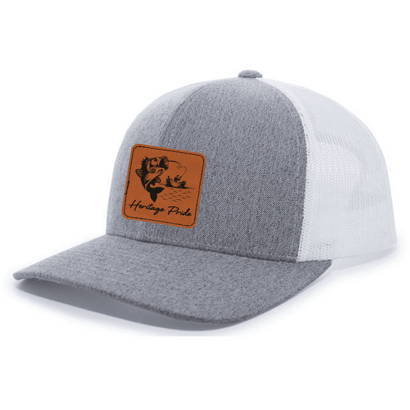 Heritage Pride Mens Hooked Trout Fishing Leather Patch Mesh Back Trucker Hat-Heather Grey/White