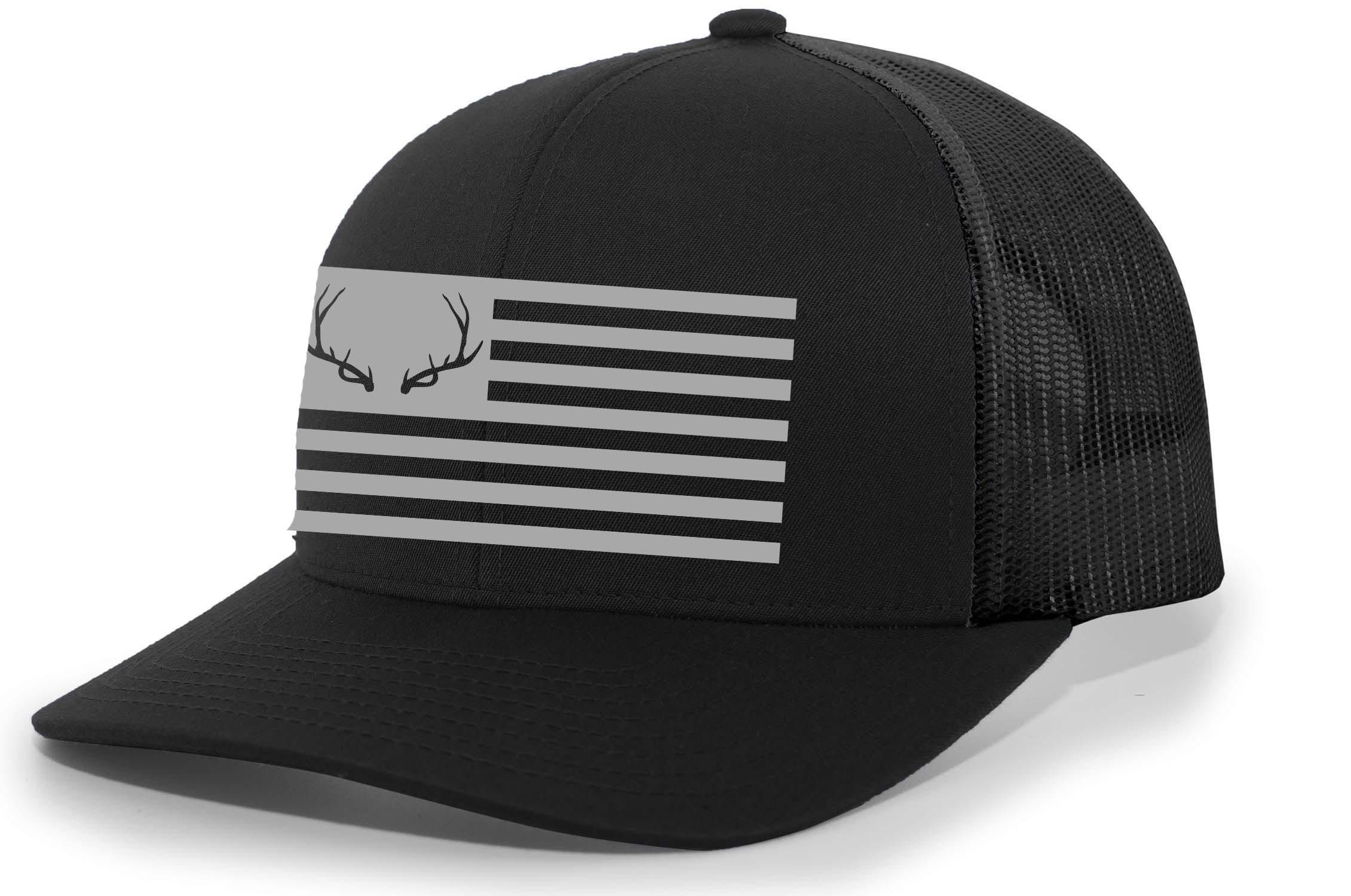 Heritage Pride Mens Hunting Hat Antler American Flag Mesh Back Trucker Hat, Black/Black