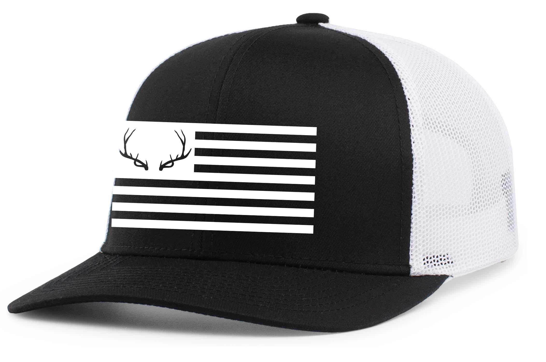 Heritage Pride Mens Hunting Hat Antler American Flag Mesh Back Trucker Hat, Black/White