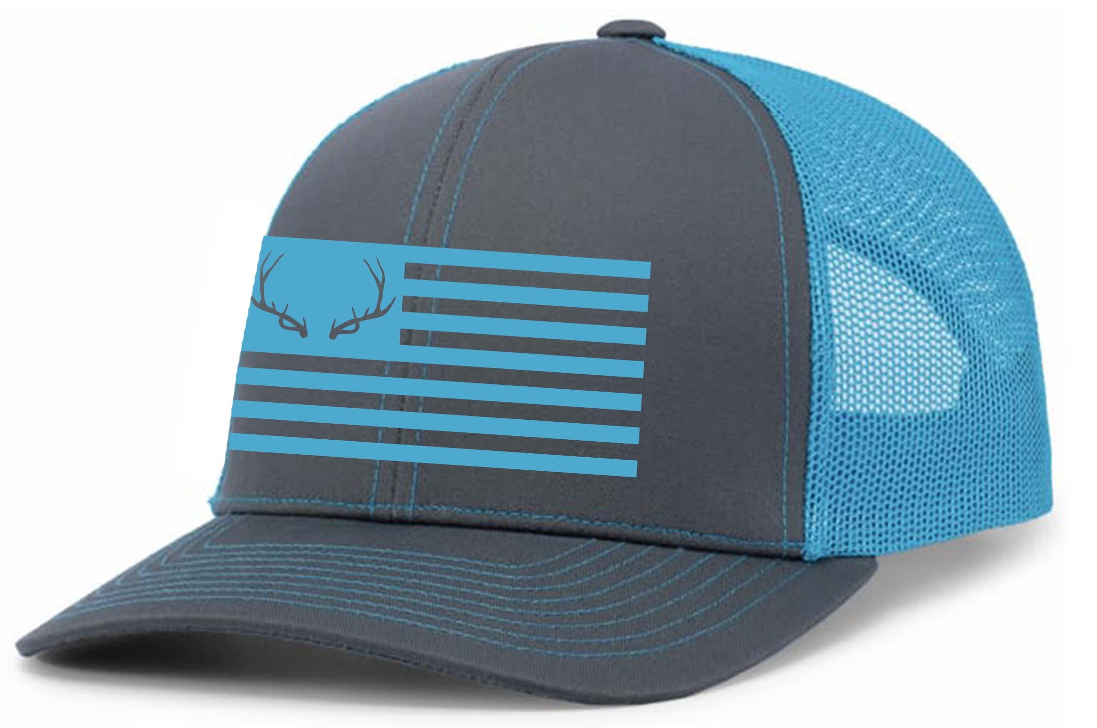 Heritage Pride Mens Hunting Hat Antler American Flag Mesh Back Trucker Hat, Charcoal/Neon Blue