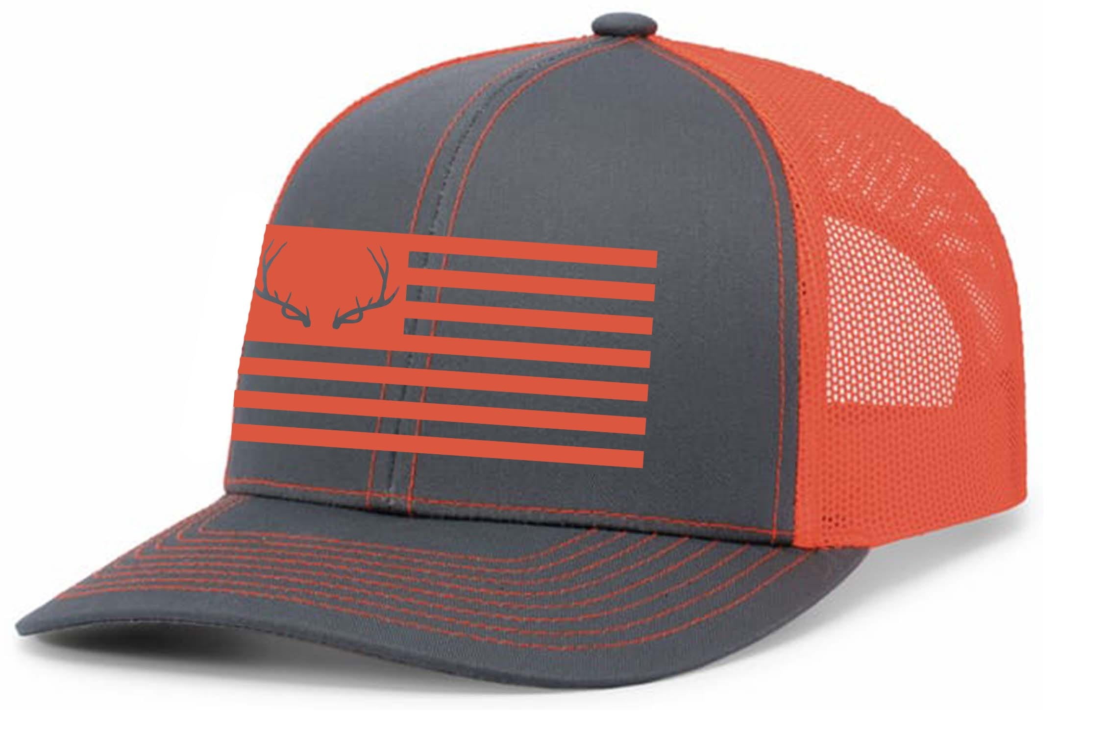Heritage Pride Mens Hunting Hat Antler American Flag Mesh Back Trucker Hat, Charcoal/Neon Orange