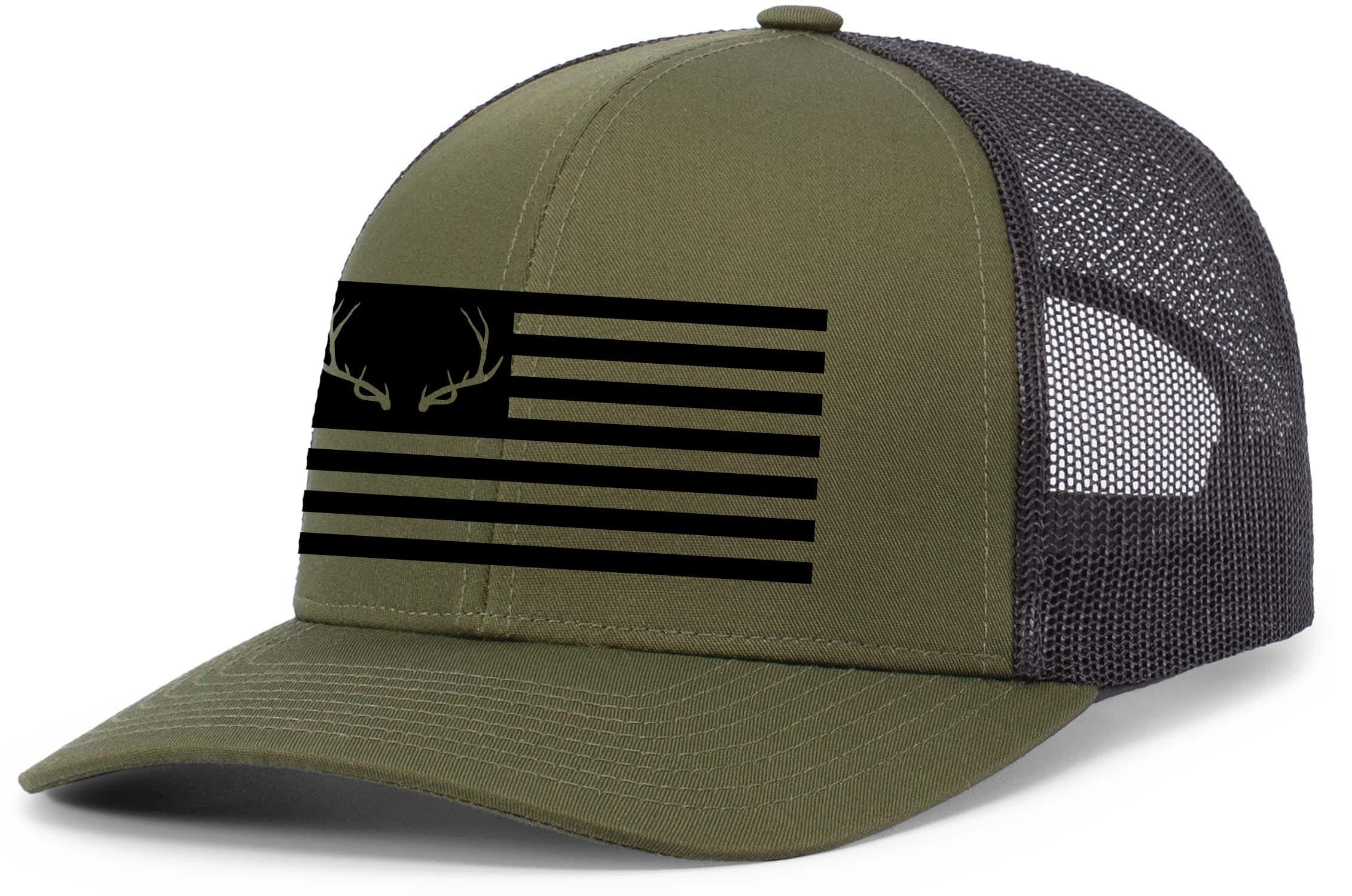 Heritage Pride Mens Hunting Hat Antler American Flag Mesh Back Trucker Hat, Loden/Black