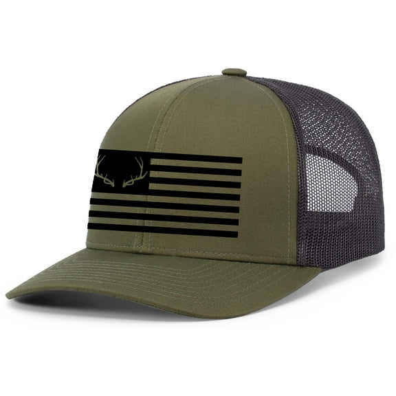 Heritage Pride Mens Hunting Hat Antler American Flag Mesh Back Trucker Hat, Loden/Black