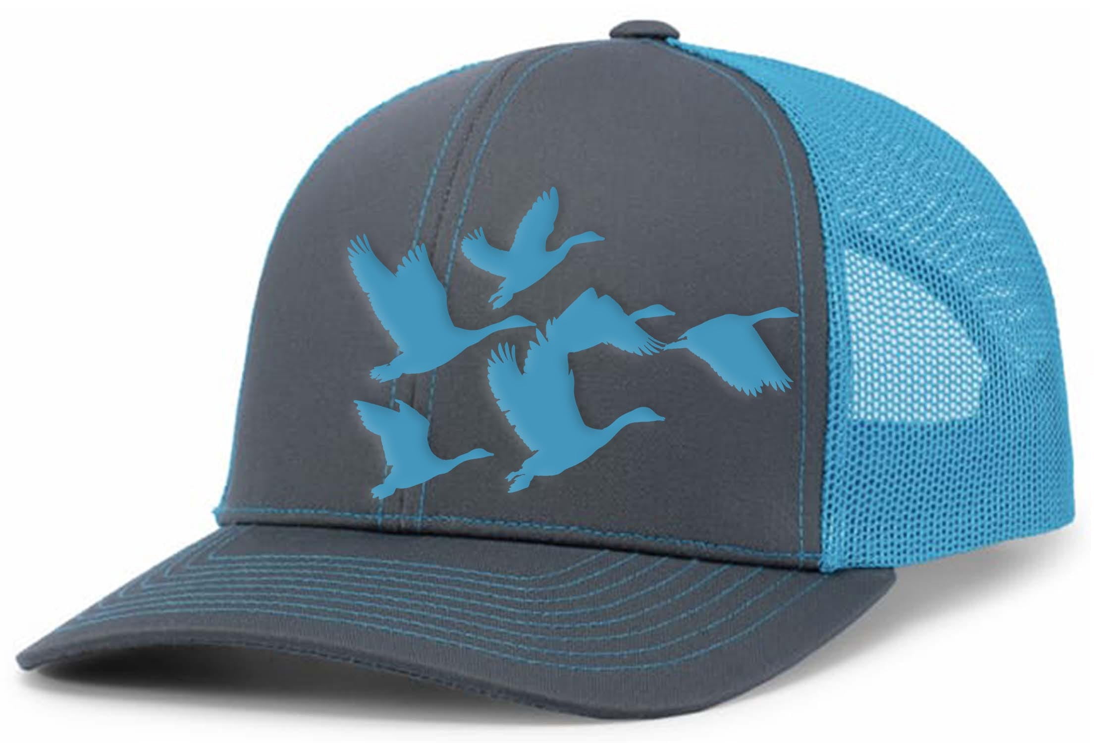 Heritage Pride Mens Hunting Hat Flying Ducks Mesh Back Trucker Hat, Charcoal/Neon Blue
