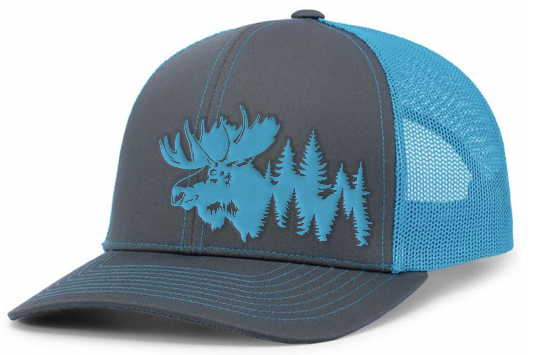 Heritage Pride Mens Hunting Hat Forest Scenic Moose Head Mesh Back Trucker Hat, Charcoal/Neon Blue
