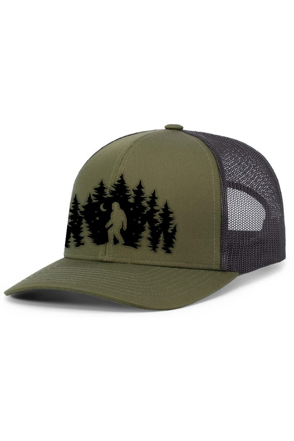 Mens Hunting Hat Scenic Forest Bigfoot Outdoors Mesh Back Trucker Hat, Loden/Black