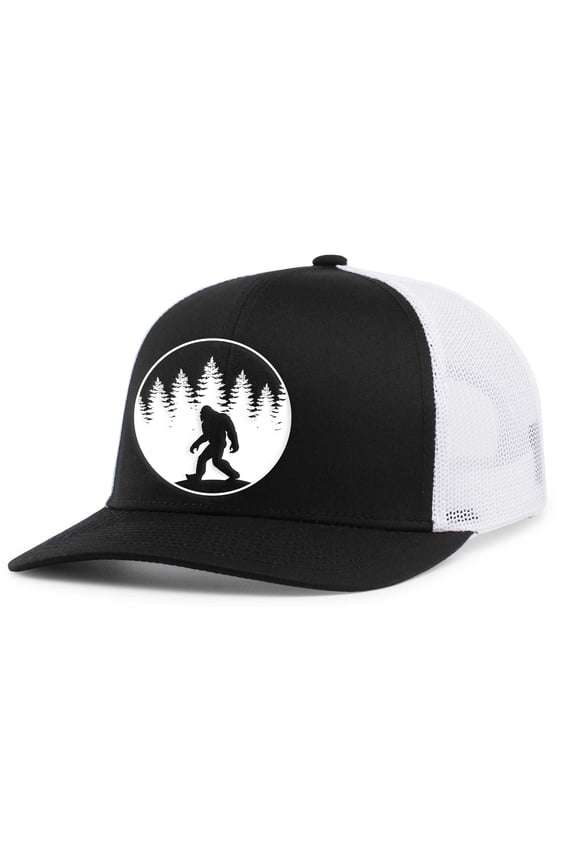 Mens Hunting Hat Scenic Woods Bigfoot Outdoors Mesh Back Trucker Hat, Black/White