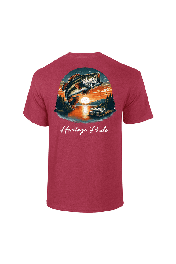 Mens Lake Dock Bass Fishing Short Sleeve T-Shirt-Antique Cherry-Medium