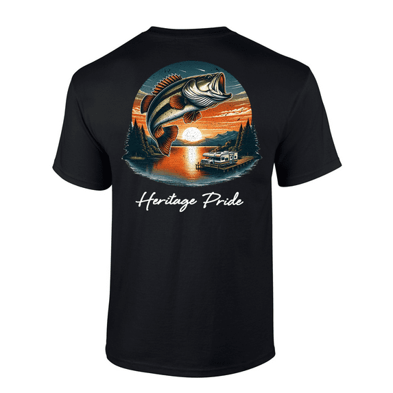 Heritage Pride Mens Lake Dock Bass Fishing Short Sleeve T-Shirt-Black-3X-Large