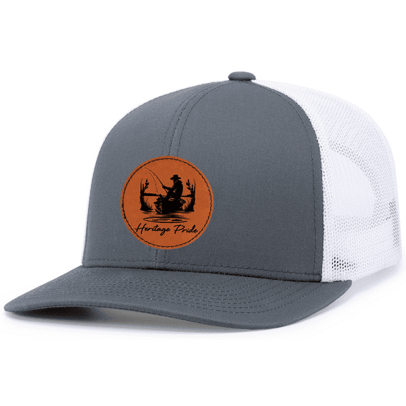 Heritage Pride Mens Man Bass Fishing Alone Leather Patch Mesh Back Trucker Hat-Charcoal/White
