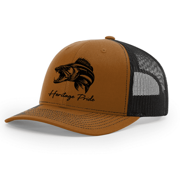 Heritage Pride Mens Sharp Walleye Fish Embroidered Mesh Back Trucker Hat-Caramel/Black