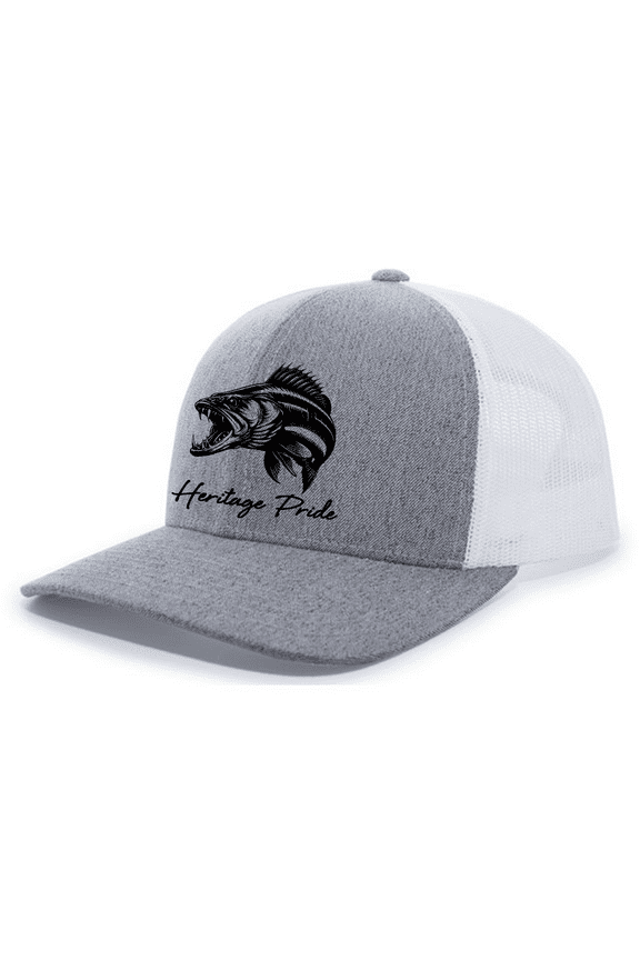 Mens Sharp Walleye Fish Embroidered Mesh Back Trucker Hat-Heather Grey/White