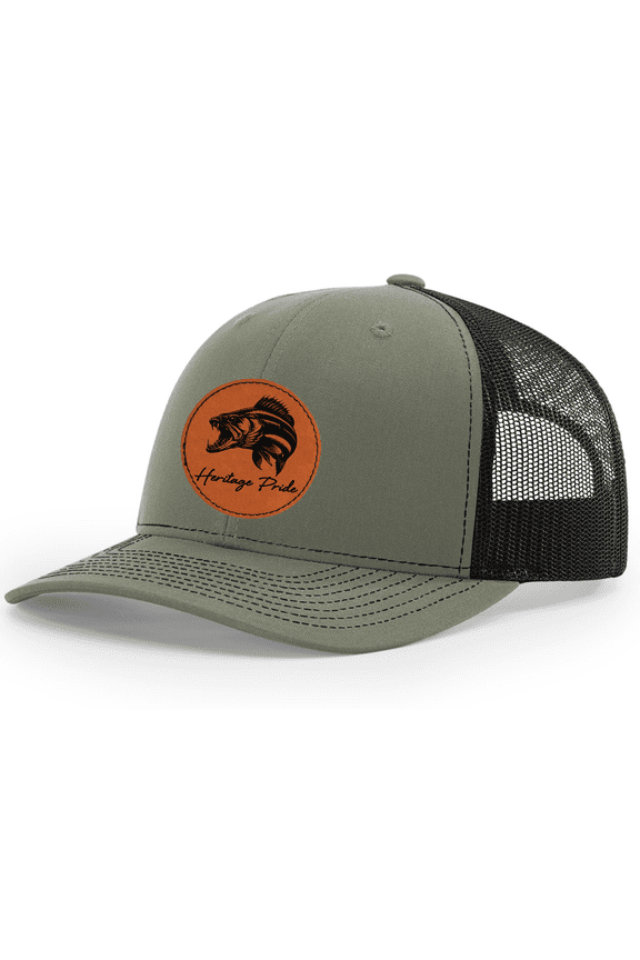 Mens Sharp Walleye Fish Leather Patch Mesh Back Trucker Hat-Loden/Black
